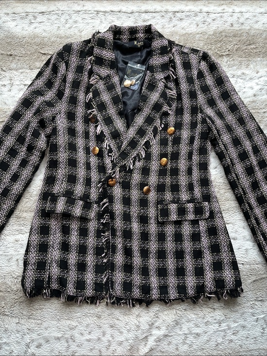 Meritt Jackets & Blazers - NWT Double-Breasted Black and Light Pink Plaid Fringe Blazer